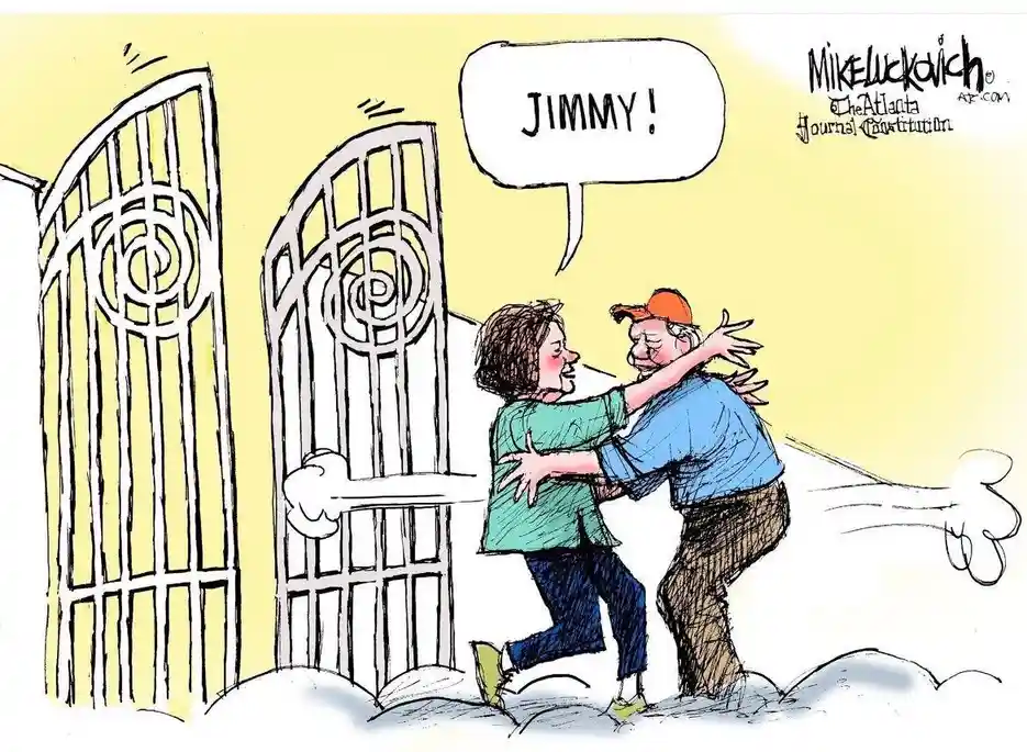 A cartoon depicts two people joyfully hugging in front of ornate gates, with one person shouting 'JIMMY!' in a speech…