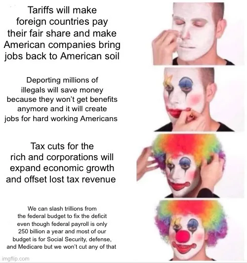 A four-panel image shows a man progressively applying clown makeup, starting with white face paint, then adding eye makeup…