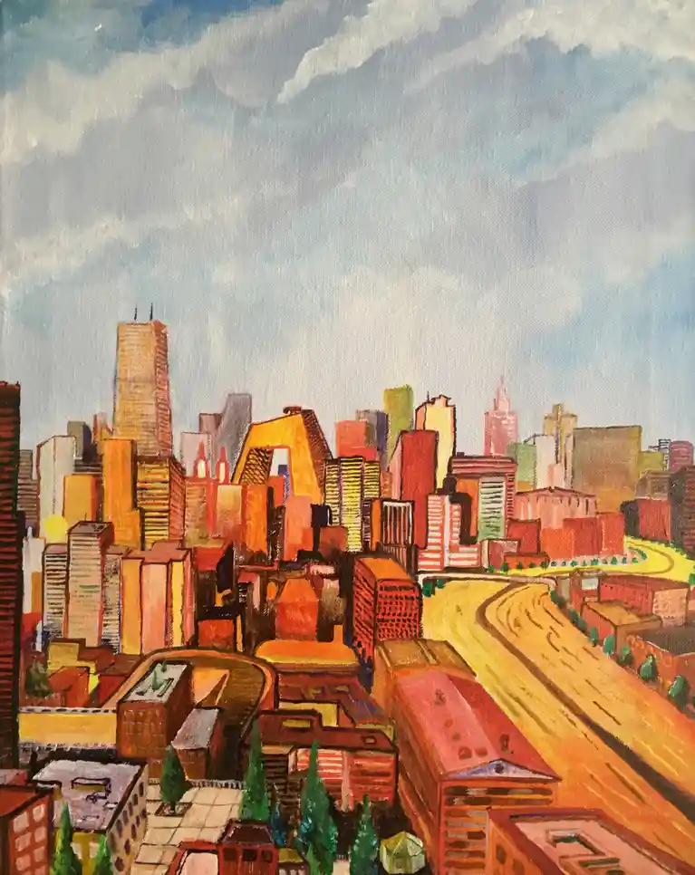 A colorful, stylized painting of a city skyline with tall buildings under a cloudy sky, featuring a wide road curving…