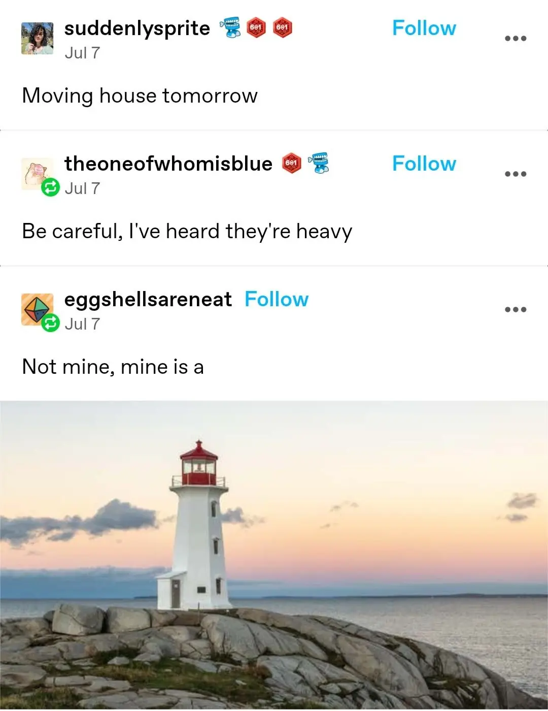 A screenshot of three social media comments above a photo of a white lighthouse on a rocky shore at sunset. The first…