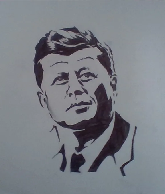 A black-and-white ink drawing of a man resembling John F. Kennedy, with text overlaid at the bottom reading 'johnny cash'…