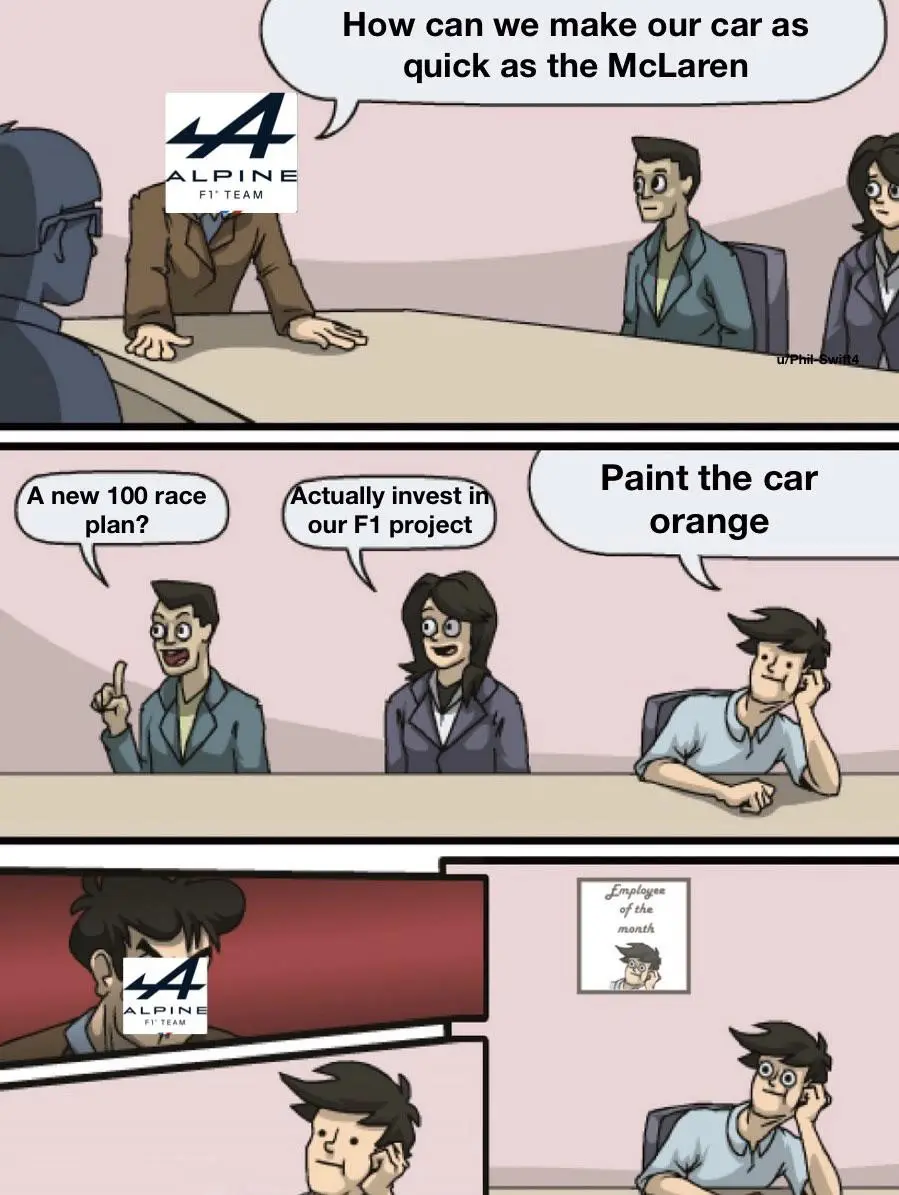 A three-panel comic shows an Alpine F1 Team meeting where a staff member suggests painting the car orange to match McLaren's…