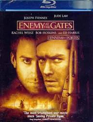 A movie poster for 'Enemy at the Gates' featuring actors Joseph Fiennes and Jude Law with a rifle in the foreground. The…