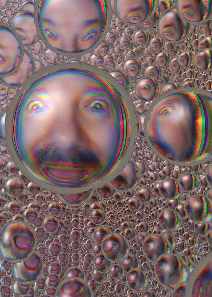 The image displays a recursive fractal pattern composed of numerous bubbles, each containing a distorted, iridescent…