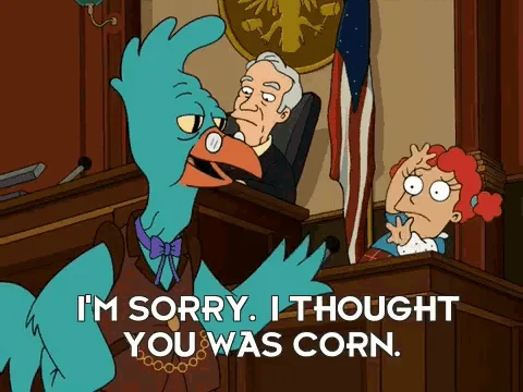 A blue bird character in a courtroom setting, wearing a vest and bowtie, speaks with a surprised expression. Behind him, a…