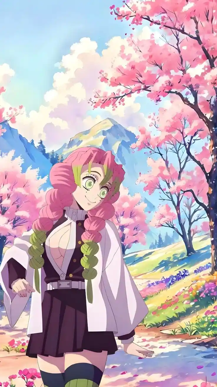 An anime girl with pink and green braided hair and green eyes stands smiling in a vibrant spring scene filled with pink…