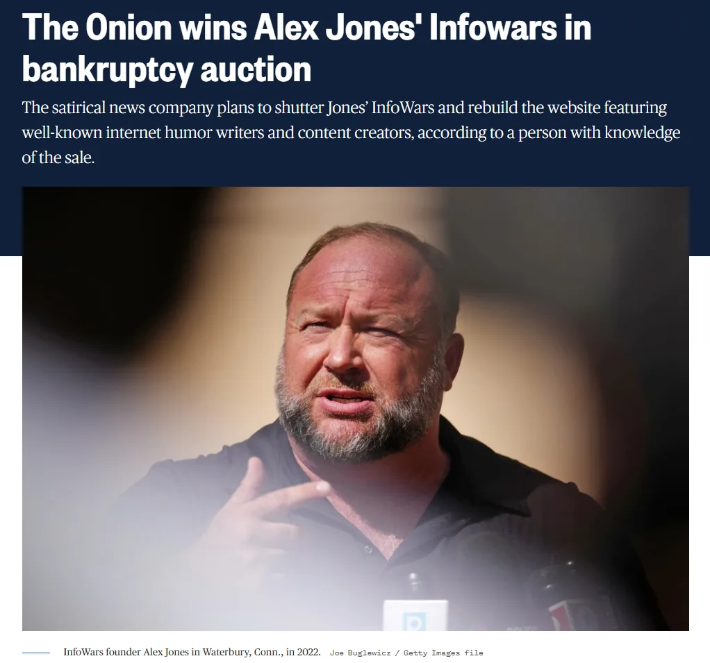 A news article screenshot shows a photo of Alex Jones speaking at a press event, with the headline 'The Onion wins Alex…