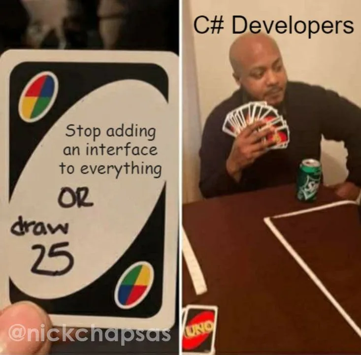 A split image shows a hand holding a modified UNO card that reads 'Stop adding an interface to everything OR draw 25', next…