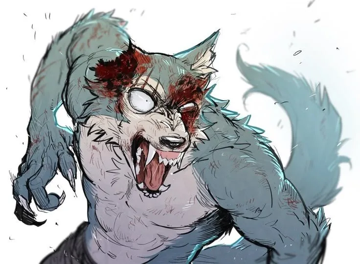 A digitally illustrated anthropomorphic wolf with grey fur, bloodied face, and wide, crazed eyes is roaring aggressively…