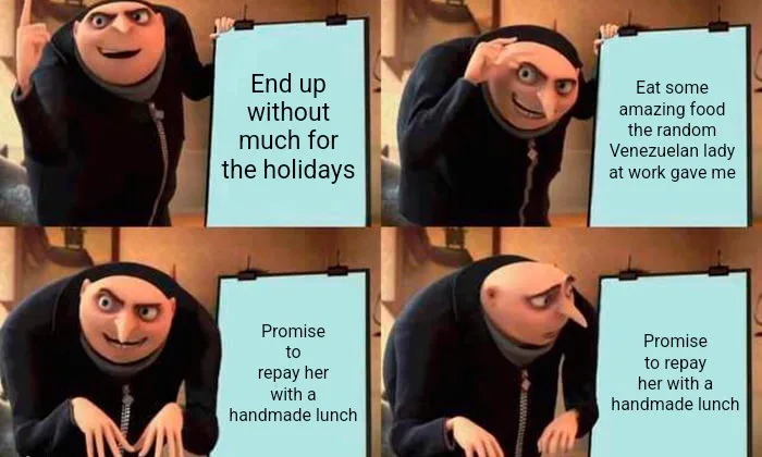 A four-panel meme featuring Gru from Despicable Me, each panel showing him with a light blue sign. The first panel shows him…