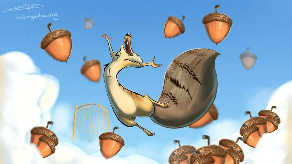 A cartoon squirrel is joyfully leaping through the air against a blue sky with fluffy white clouds, surrounded by numerous…