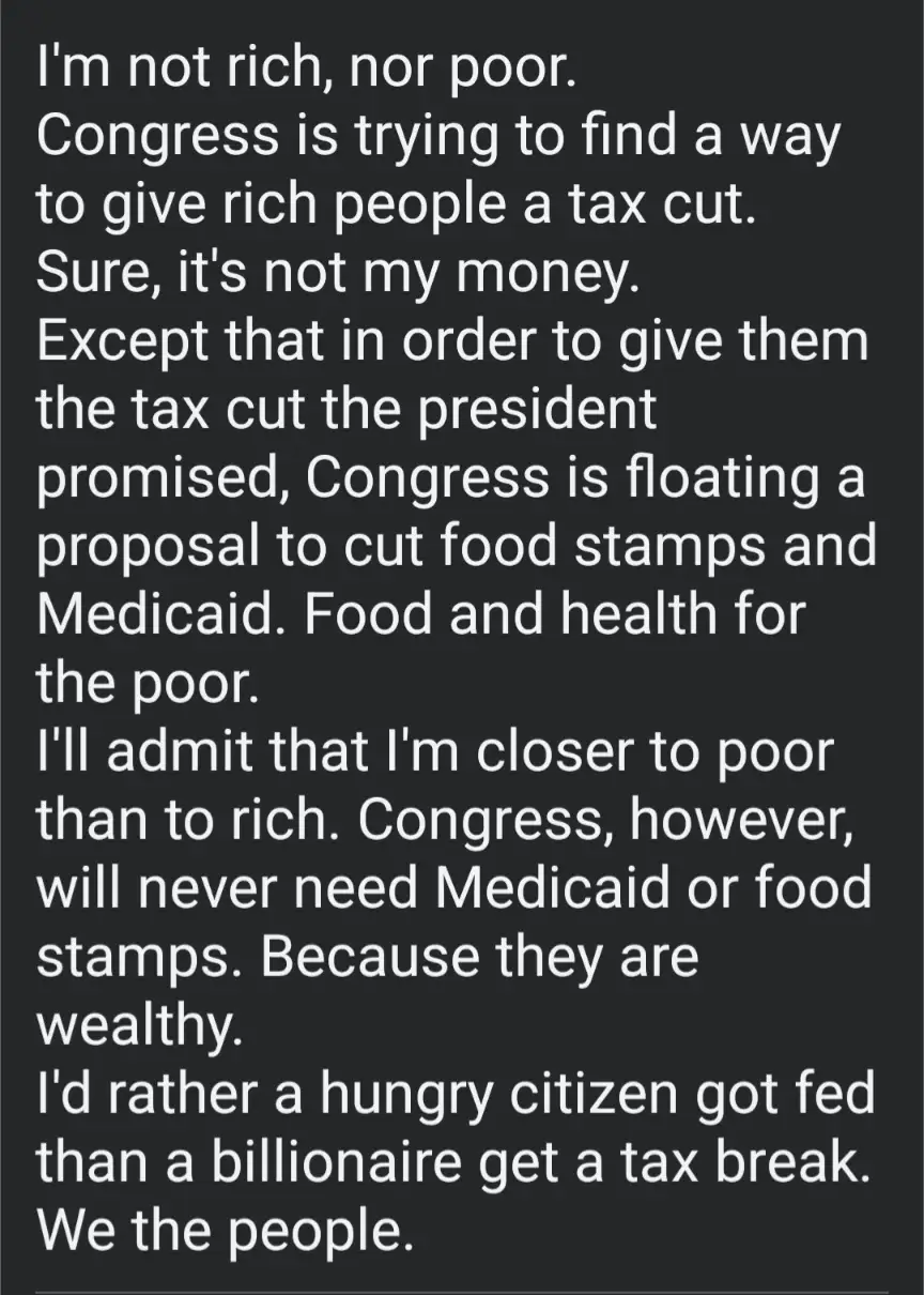 A black background with white text presents a political argument about tax cuts for the rich versus cuts to food stamps and…