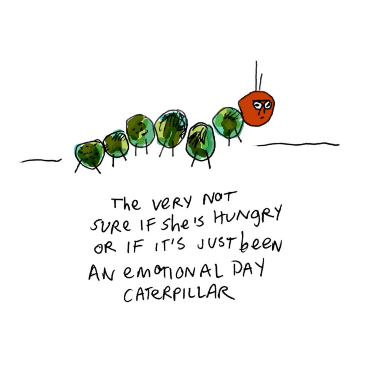 A hand-drawn cartoon caterpillar with a red head and green body segments crawls along a simple line. The head segment has a…