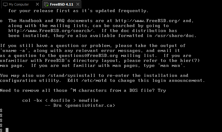 A black terminal window displays FreeBSD 4.11 login text, including help links and troubleshooting tips. At the bottom, a…