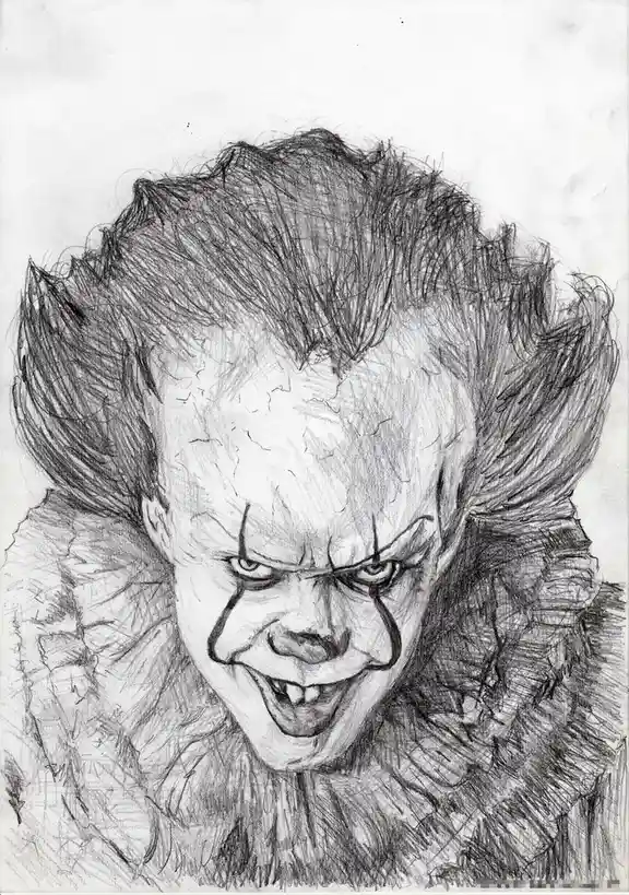 A detailed pencil sketch depicts Pennywise the clown from Stephen King's 'It,' showing his menacing face with a wide, toothy…