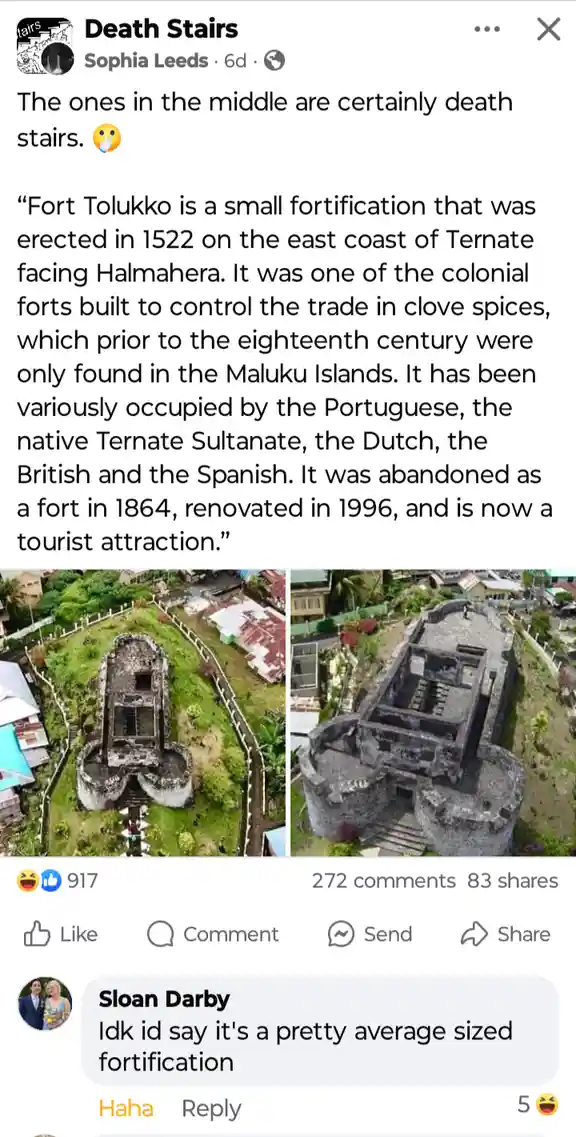 An aerial view of Fort Tolukko, a historic fortification in Indonesia, shows its central structure with narrow, steep…