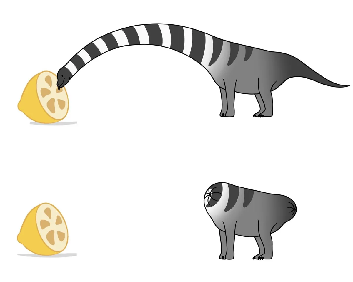 The image shows two cartoon animals: a long, striped, grey creature with a very long neck reaching for a lemon, and a short…