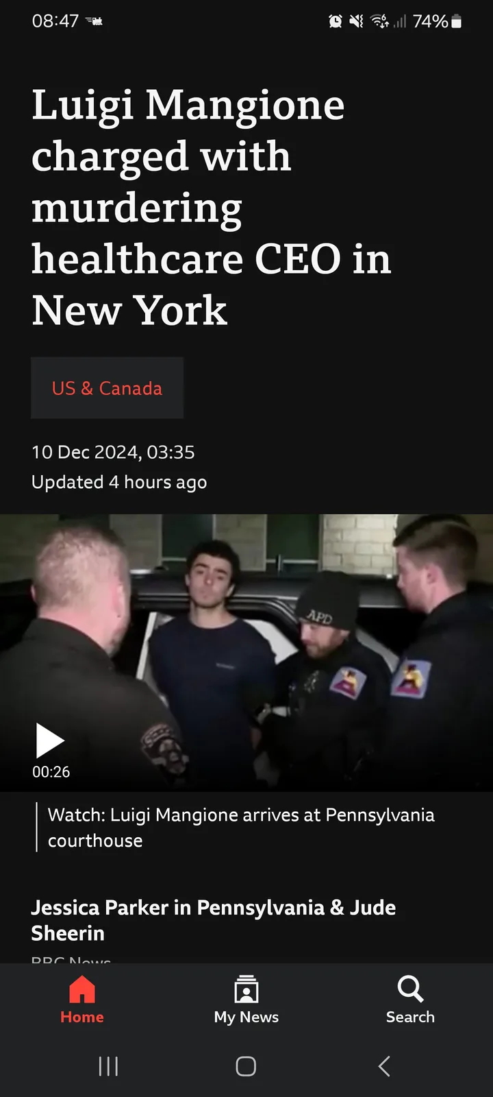 A screenshot of a BBC News mobile app article shows a headline about Luigi Mangione being charged with murder. Below the…