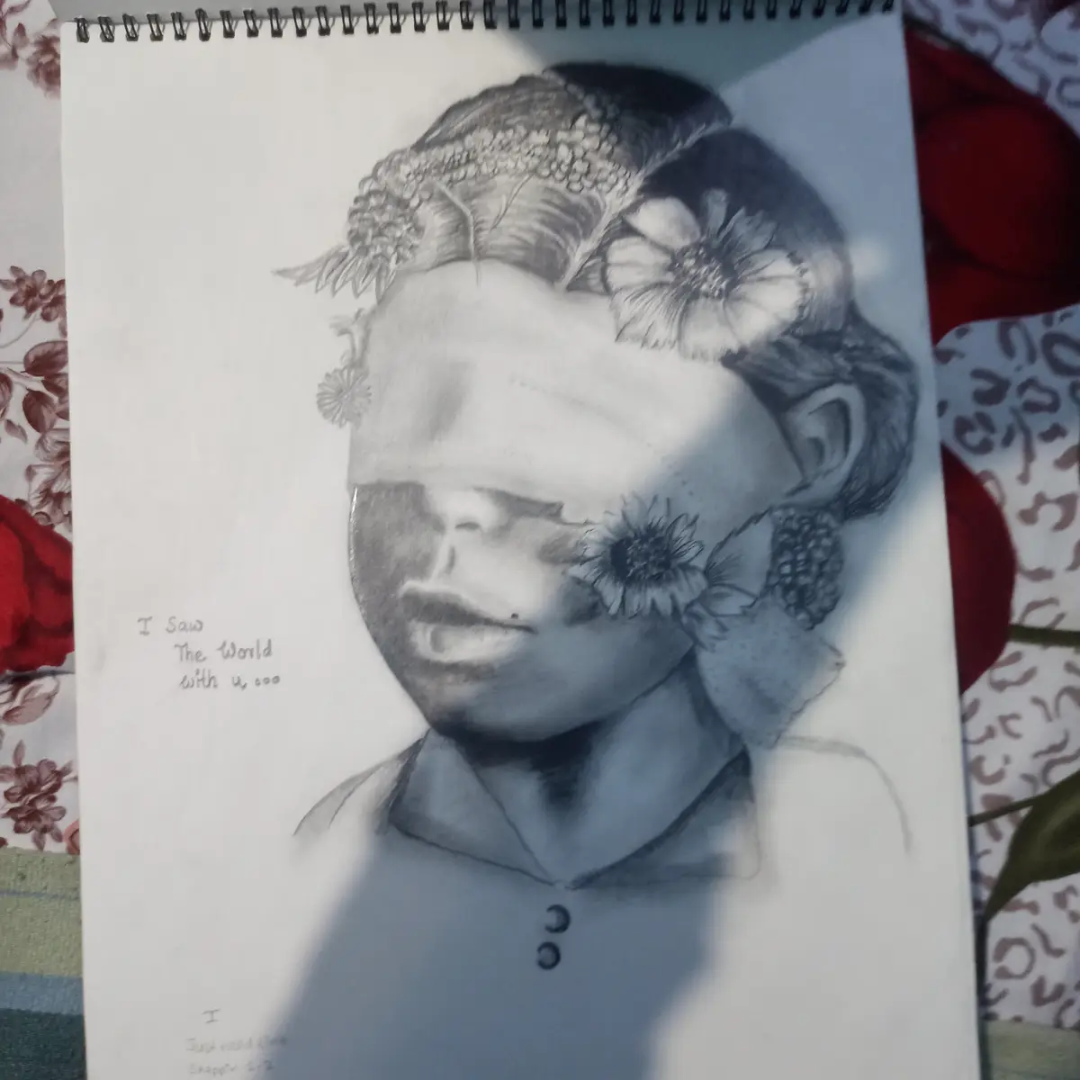 A pencil sketch of a person's head and shoulders, with their eyes covered by a blindfold adorned with flowers and leaves…