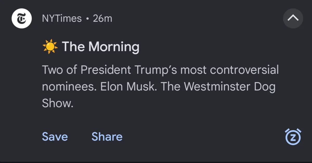 A screenshot of a New York Times 'The Morning' newsletter notification on a dark background, showing the headline 'Two of…