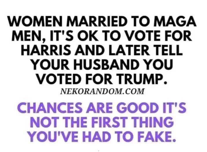 The image displays bold black text on a white background stating that women married to MAGA men can vote for Harris and…