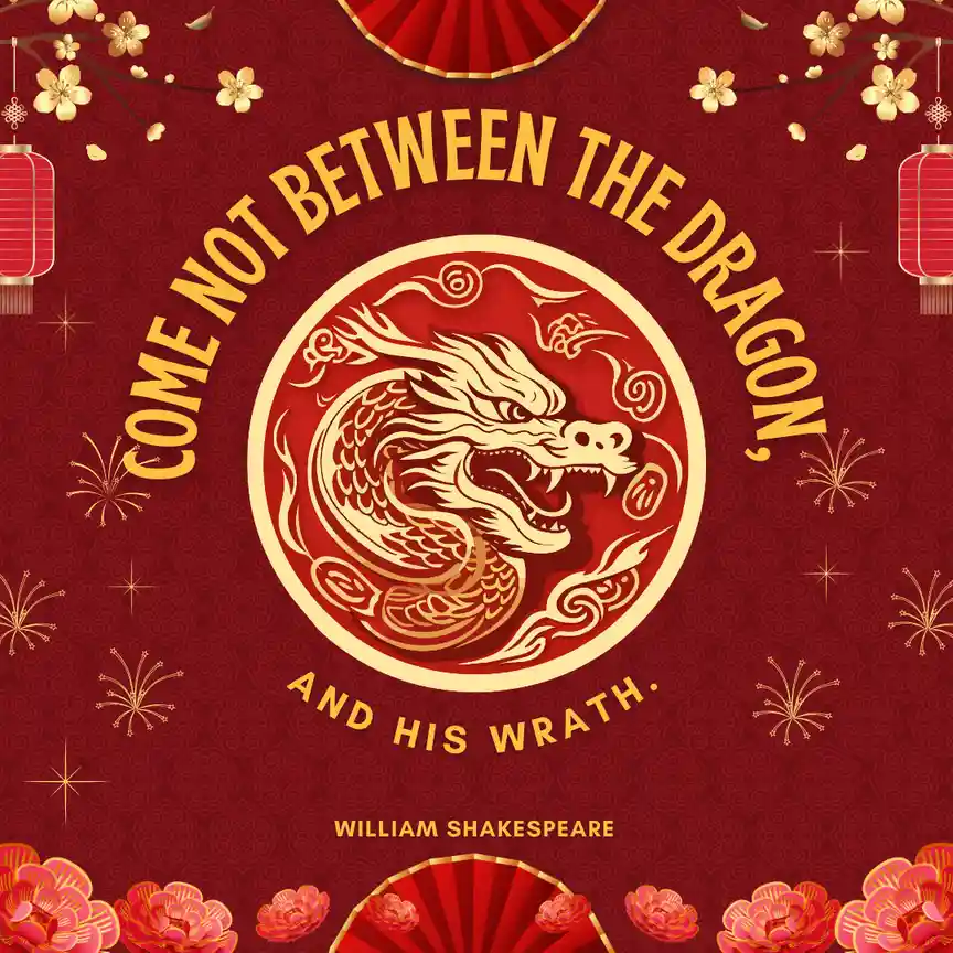 A red and gold Chinese New Year themed image features a stylized dragon in a circular frame, surrounded by decorative…