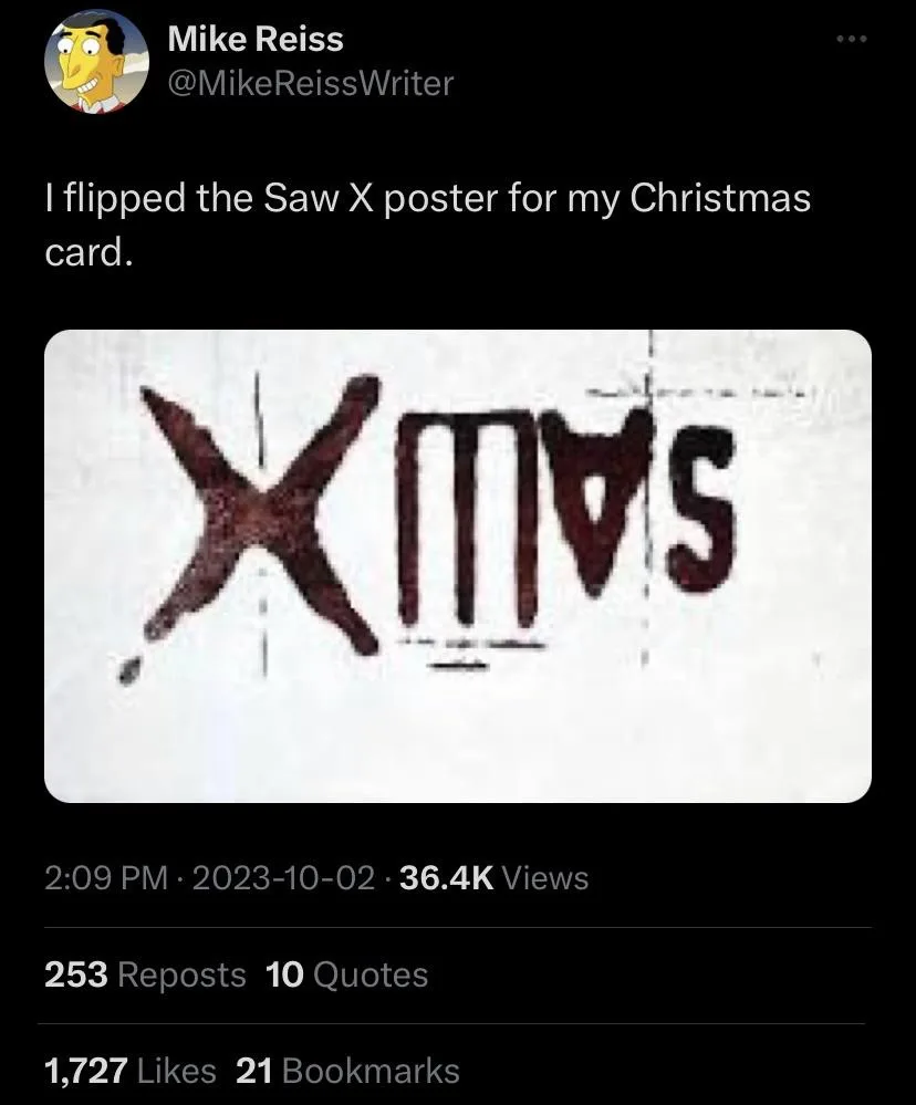 The image shows a poster for the movie 'Saw X' that has been physically flipped upside down. The text 'SAW X' is now…