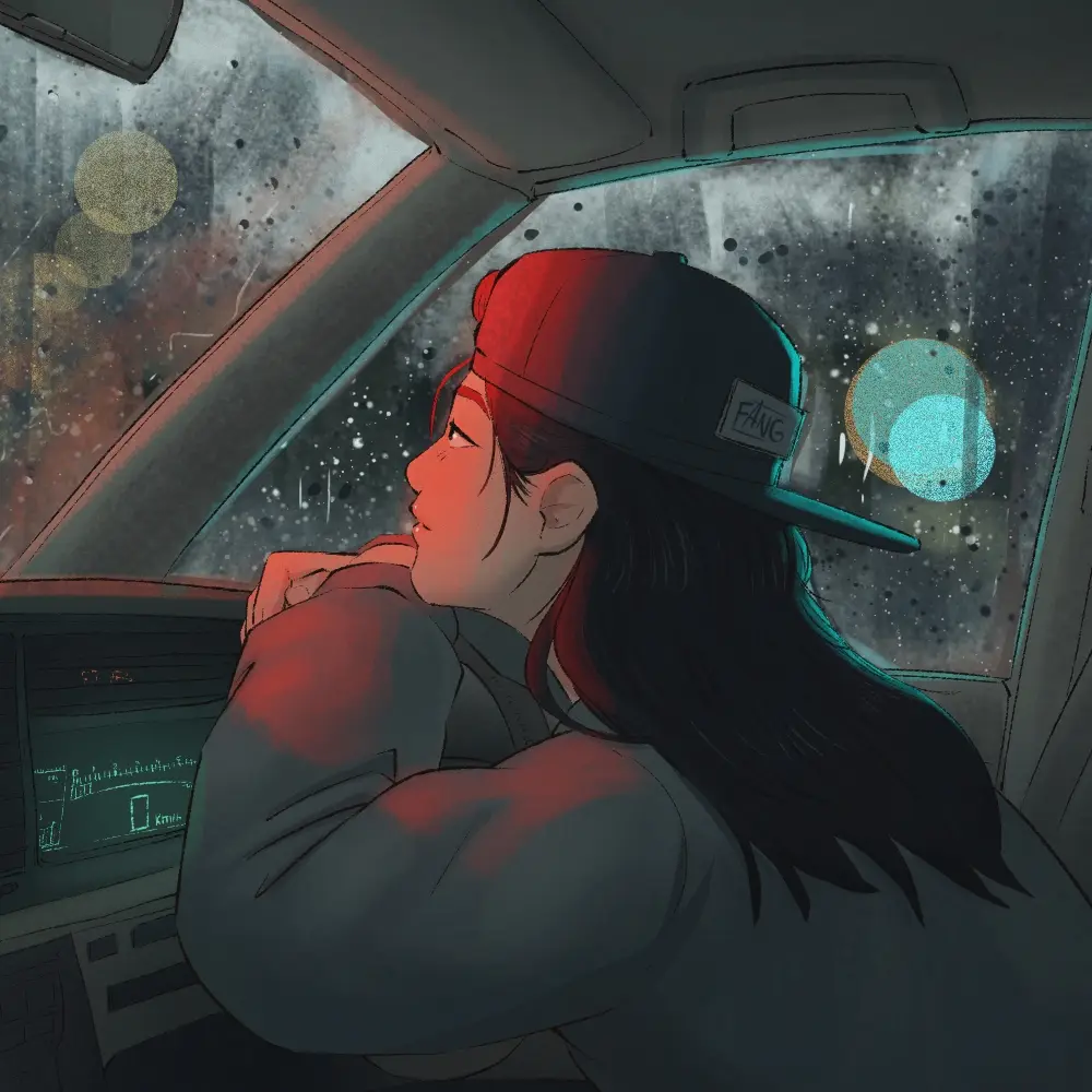 An anime-style illustration of a person with long dark hair and a red-and-black baseball cap sitting in a car at night…