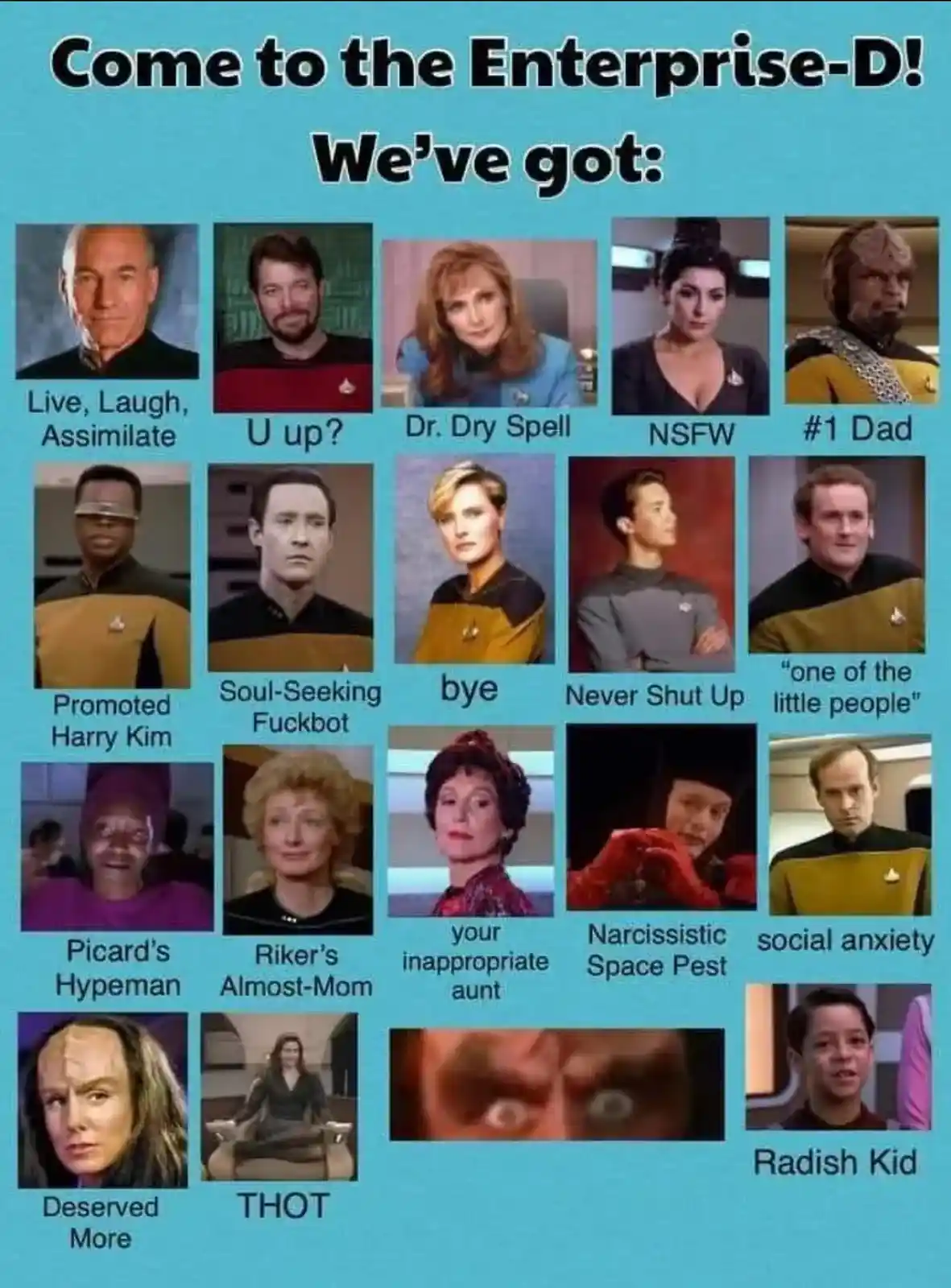 A grid of Star Trek: The Next Generation characters with humorous, often crude captions beneath each, set against a blue…