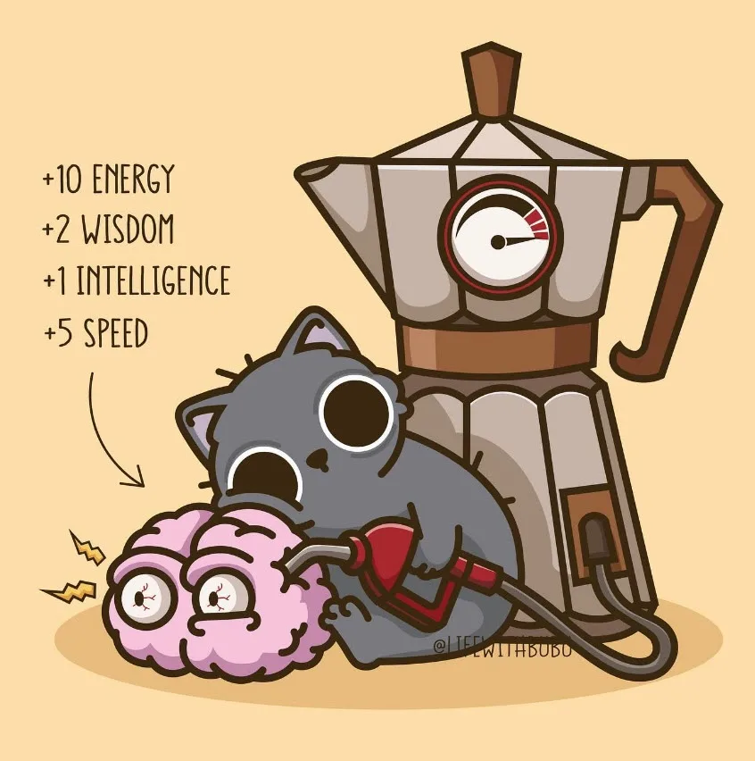 A cartoon grey cat is shown using a red fuel pump to refuel a pink brain that has eyes and is sparking. Behind the cat is a…