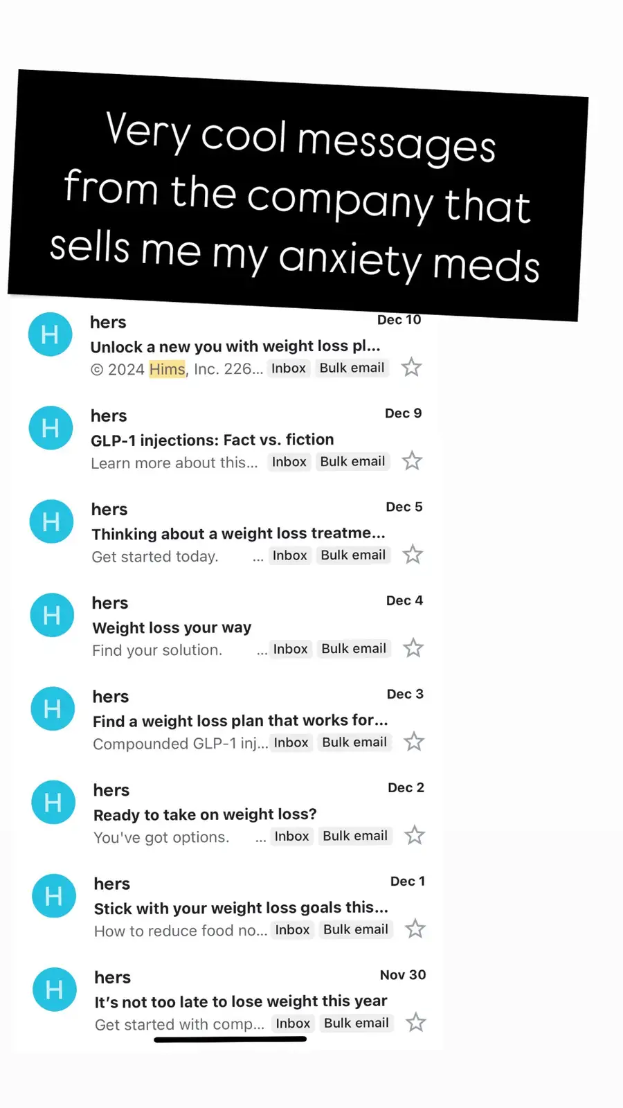 An email inbox screenshot shows multiple promotional messages from 'hers' (a Hims brand) about weight loss and GLP-1…