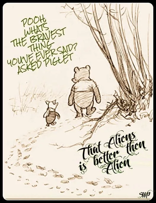 A hand-drawn sketch shows Winnie the Pooh and Piglet walking away from the viewer down a path with footprints, heading…