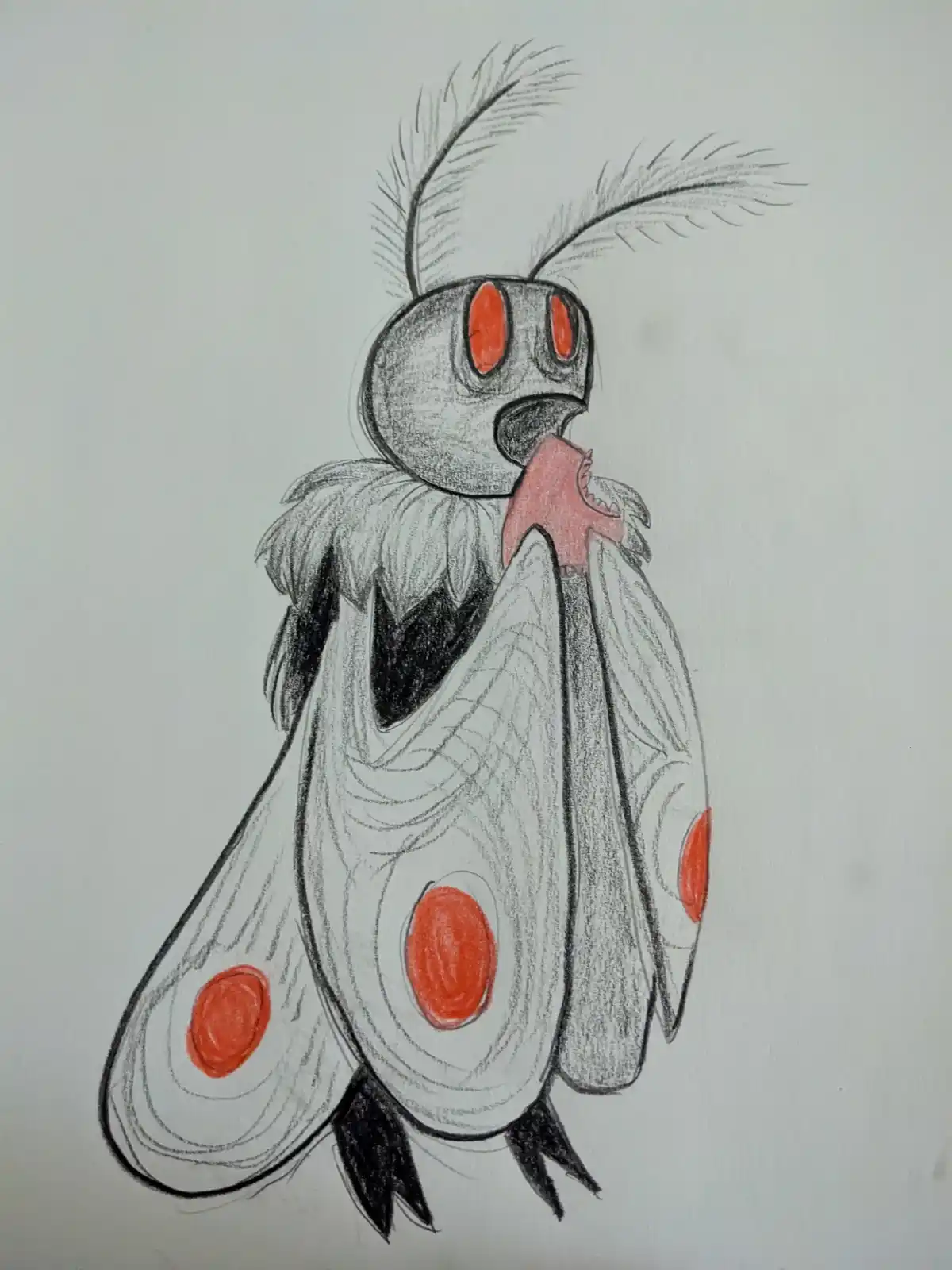 A hand-drawn sketch of a stylized moth with large red eyes, feathery antennae, and a wide-open mouth holding a pink, toothy…