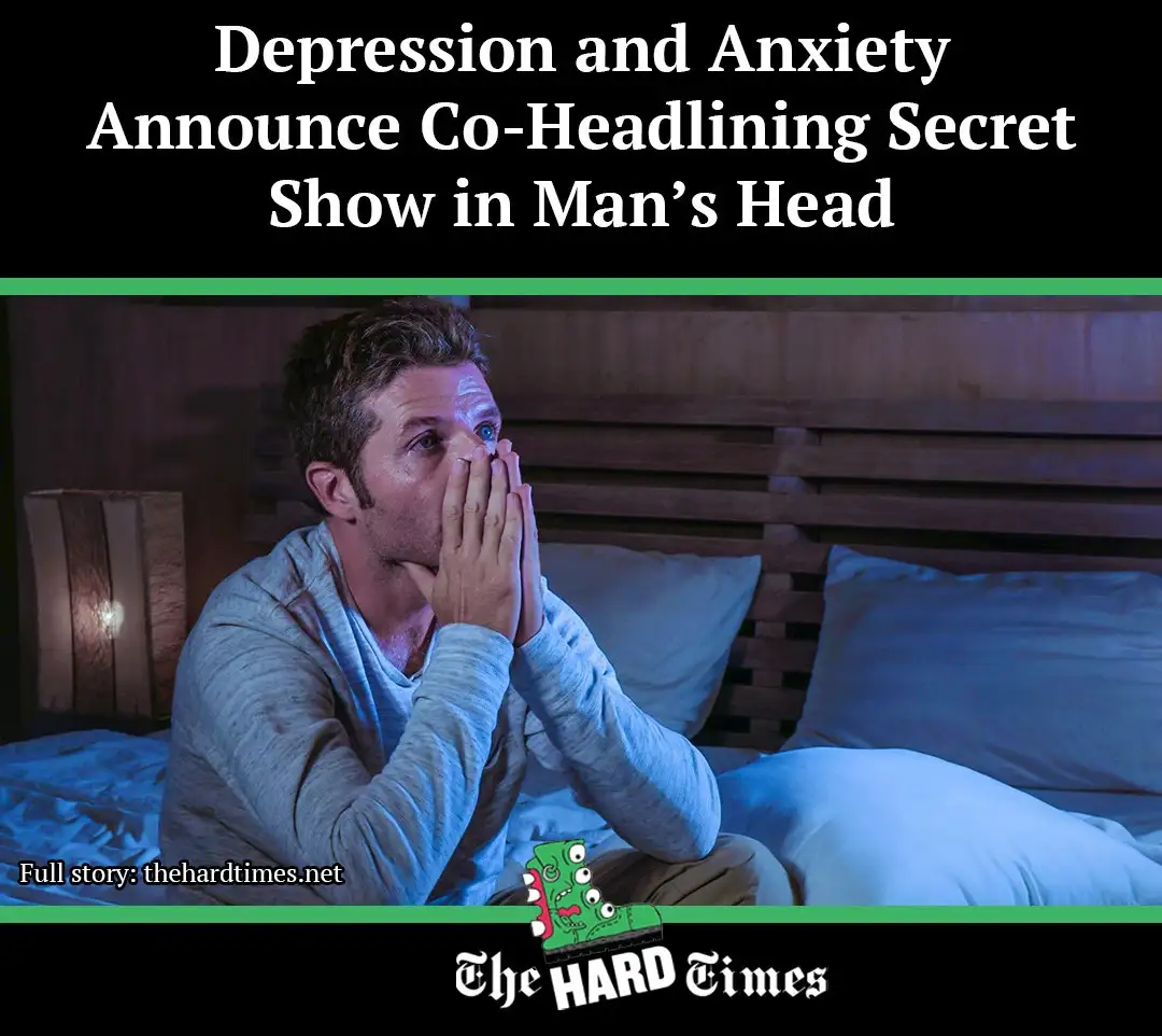 A man sits up in bed looking shocked with his hands covering his mouth, under text that reads 'Depression and Anxiety…