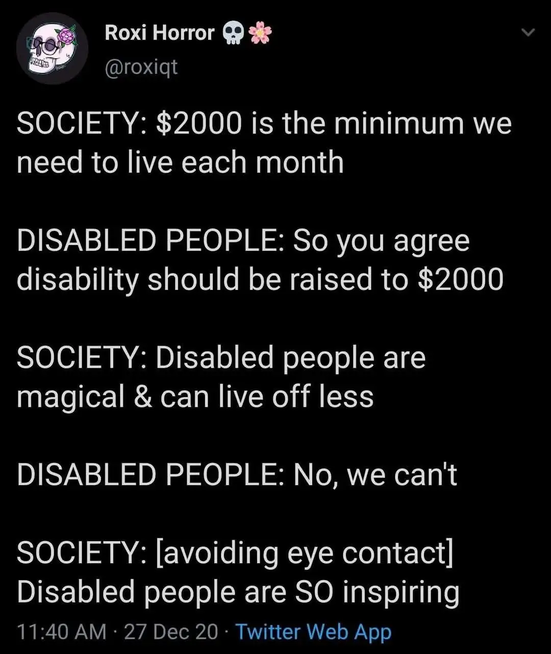 A black-background Twitter post by 'Roxi Horror' displays a dialogue in white text between 'SOCIETY' and 'DISABLED PEOPLE'…