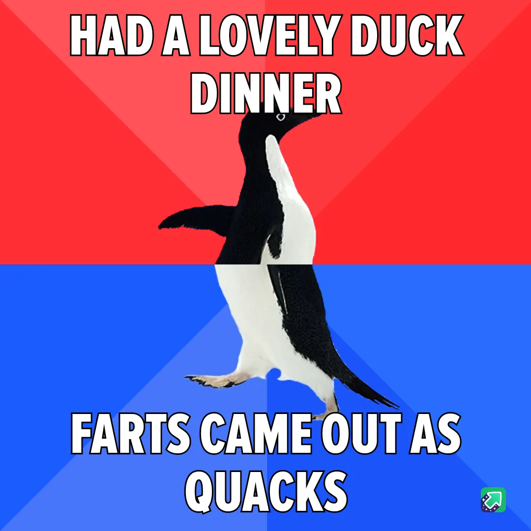 A penguin stands centered against a red and blue background, with white bold text above reading 'HAD A LOVELY DUCK DINNER'…