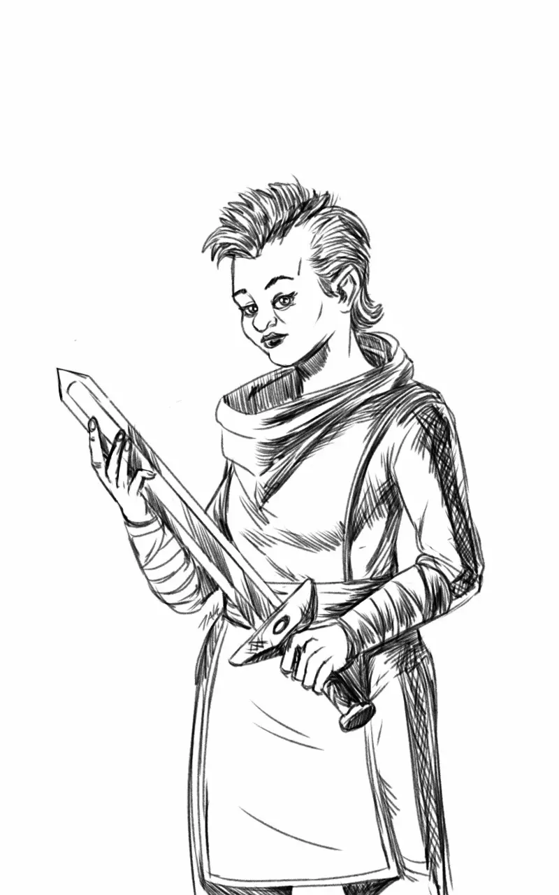 A black-and-white sketch shows a person in a robe holding a sword in one hand and a pencil in the other, looking down at the…