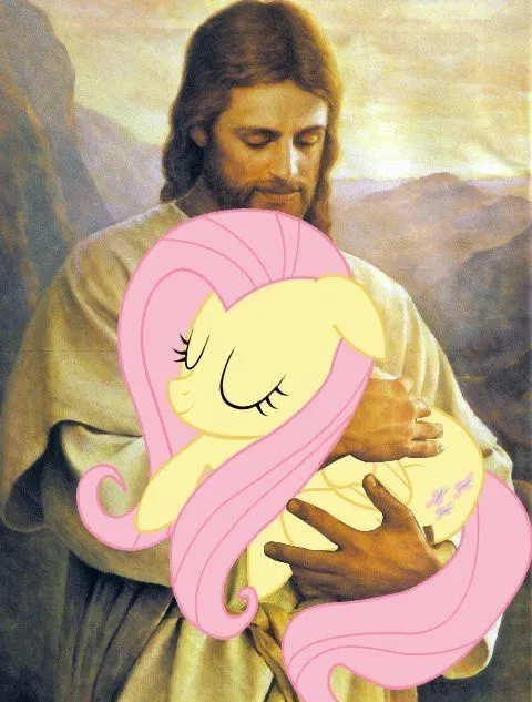 a classical painting of Jesus Christ holding a small child is edited to show the cartoon pony Fluttershy instead of the…