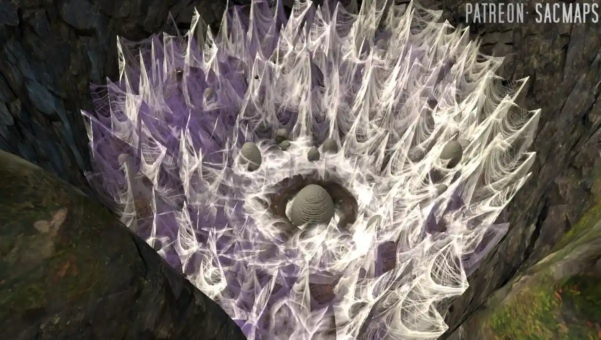 A screenshot from a video game shows a cavernous pit filled with glowing white and purple crystalline structures resembling…