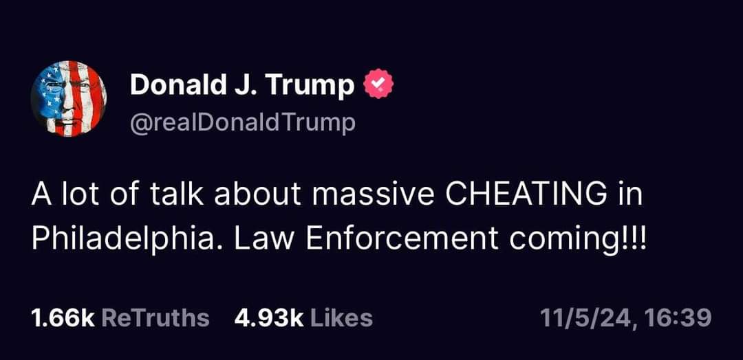 A screenshot of a tweet from Donald J. Trump's verified Twitter account, featuring his profile picture with an American flag…