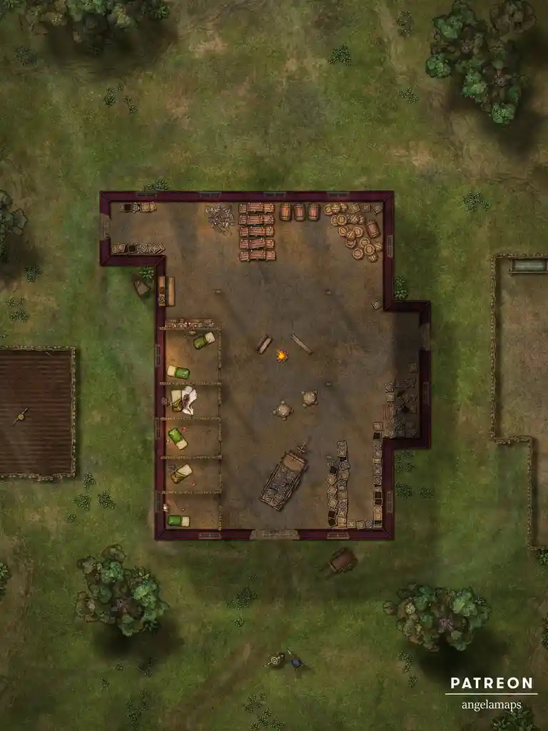 An overhead view of a fantasy tavern or camp with beds, barrels, crates, and a campfire inside a building surrounded by…