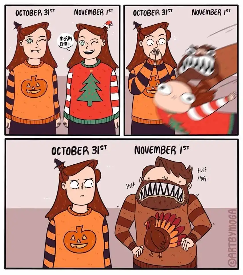 A four-panel comic shows two friends on October 31st wearing Halloween and Christmas sweaters, celebrating together. On…