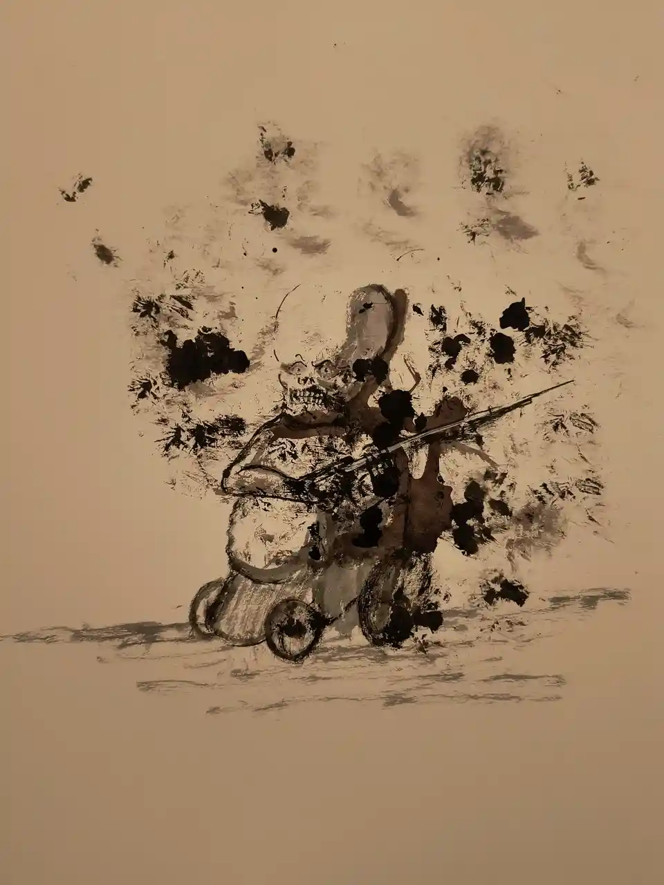 A sepia-toned, abstract ink drawing depicts a skeletal, rabbit-eared figure riding a motorcycle, surrounded by chaotic black…