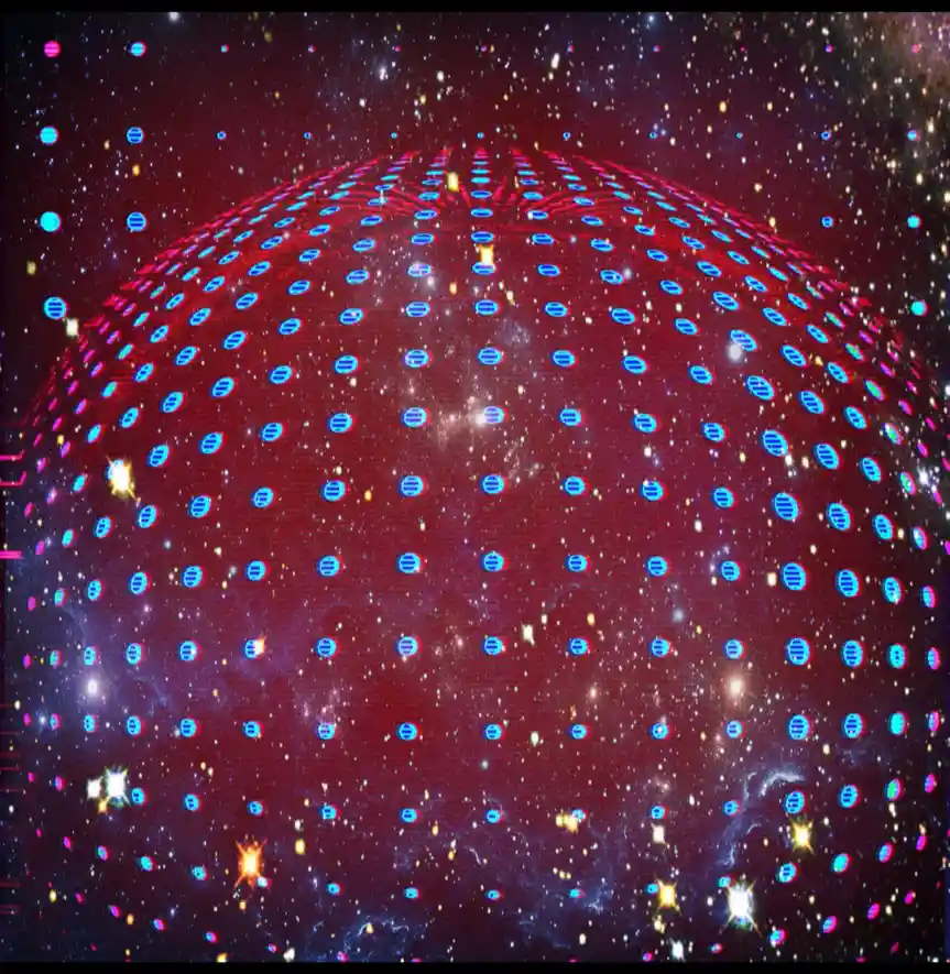 A cosmic scene with a red-hued galaxy filled with stars and nebulae, overlaid with a grid of glowing blue circular icons…