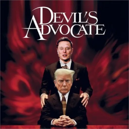 The image features a composite of two men: one seated in the foreground with a stern expression, and another standing behind…
