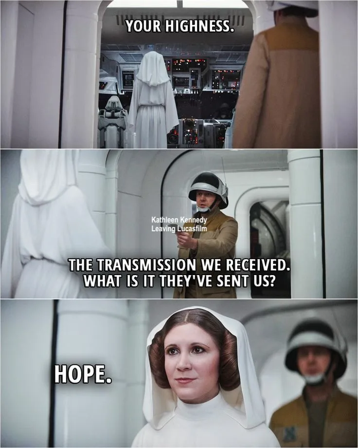A three-panel Star Wars meme showing Princess Leia in a white hooded robe, a stormtrooper, and a Rebel officer. The text…