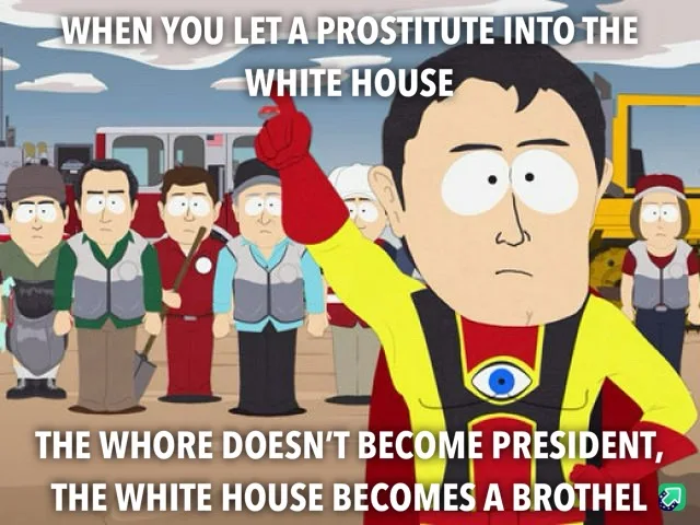 A South Park cartoon image shows a man in a yellow and red outfit with an eye symbol on his chest, raising his right fist…