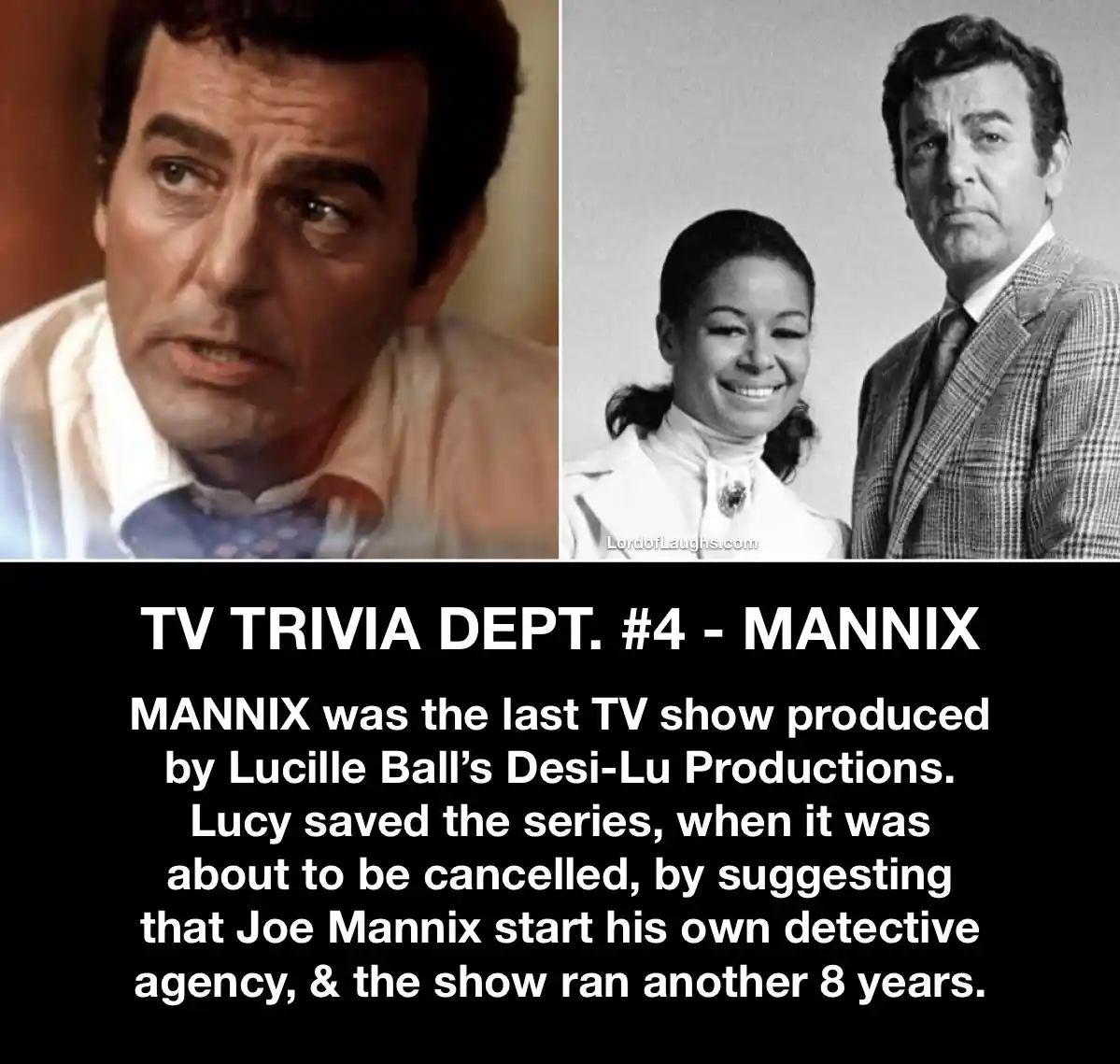 The image is split into two panels. The left panel shows a close-up of actor Mike Connors looking concerned. The right panel…