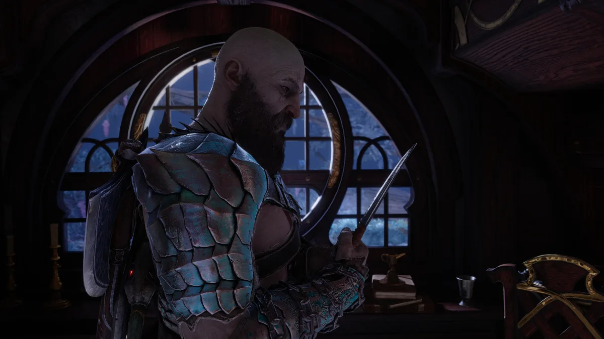 A bald, bearded man in ornate blue-green scale armor stands in a dimly lit room with arched wooden windows, holding a…