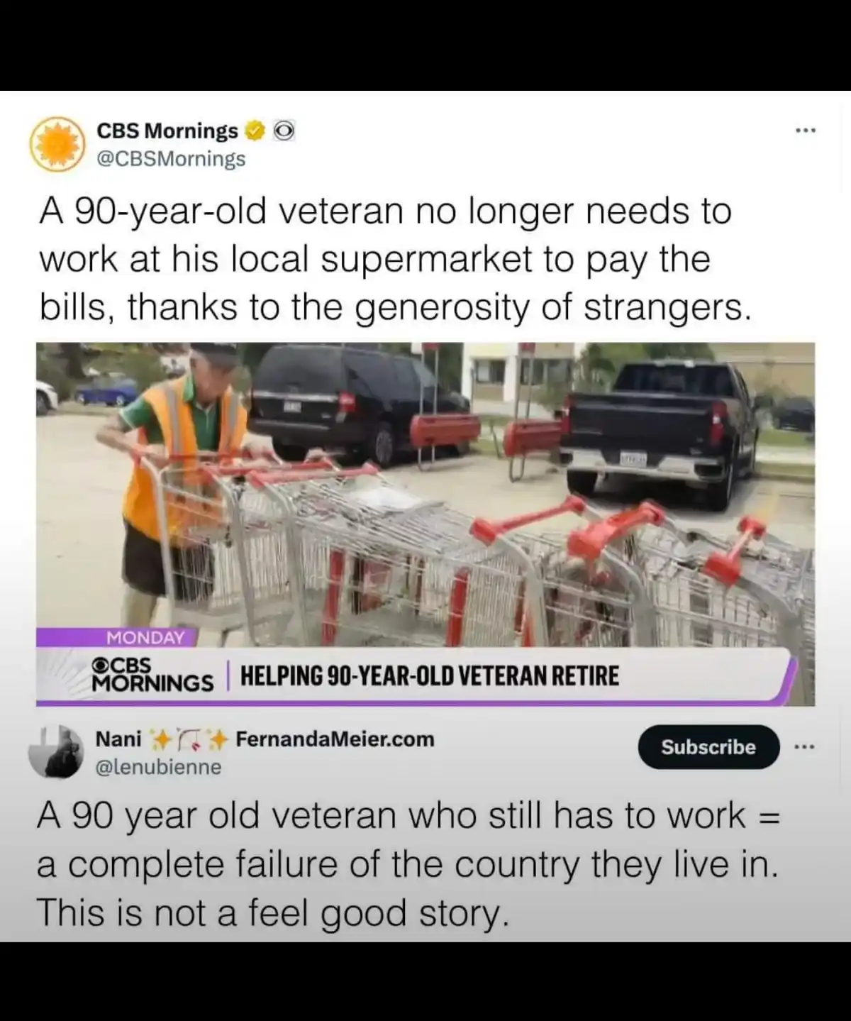 An image shows a CBS Mornings news clip about a 90-year-old veteran working at a supermarket, with the headline 'HELPING…